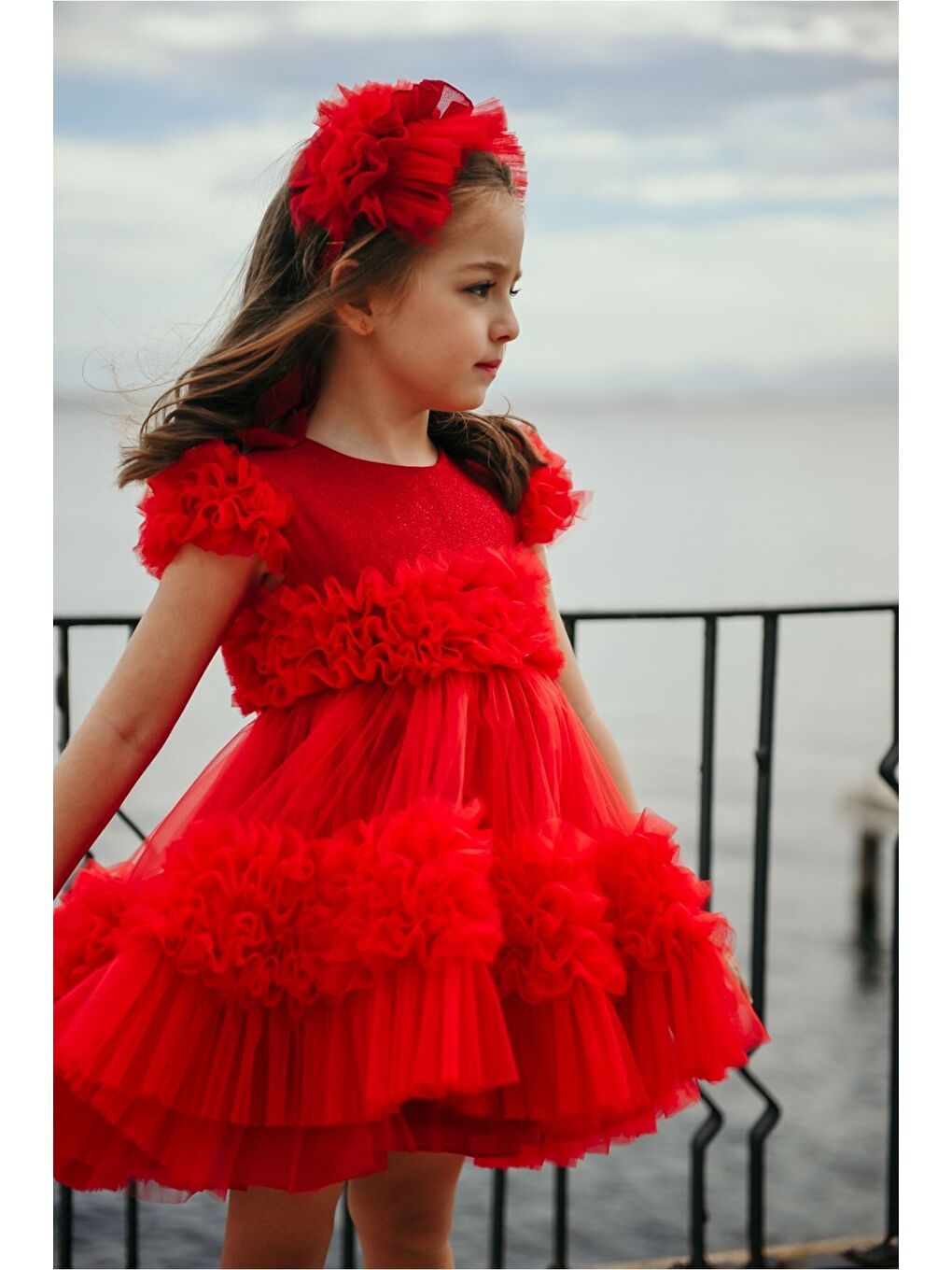 Kırmızı Özel Tasarım Saç Aksesuarlı Kız Çocuk Abiye Doğum Günü Ve Parti Elbisesi_M2306-1