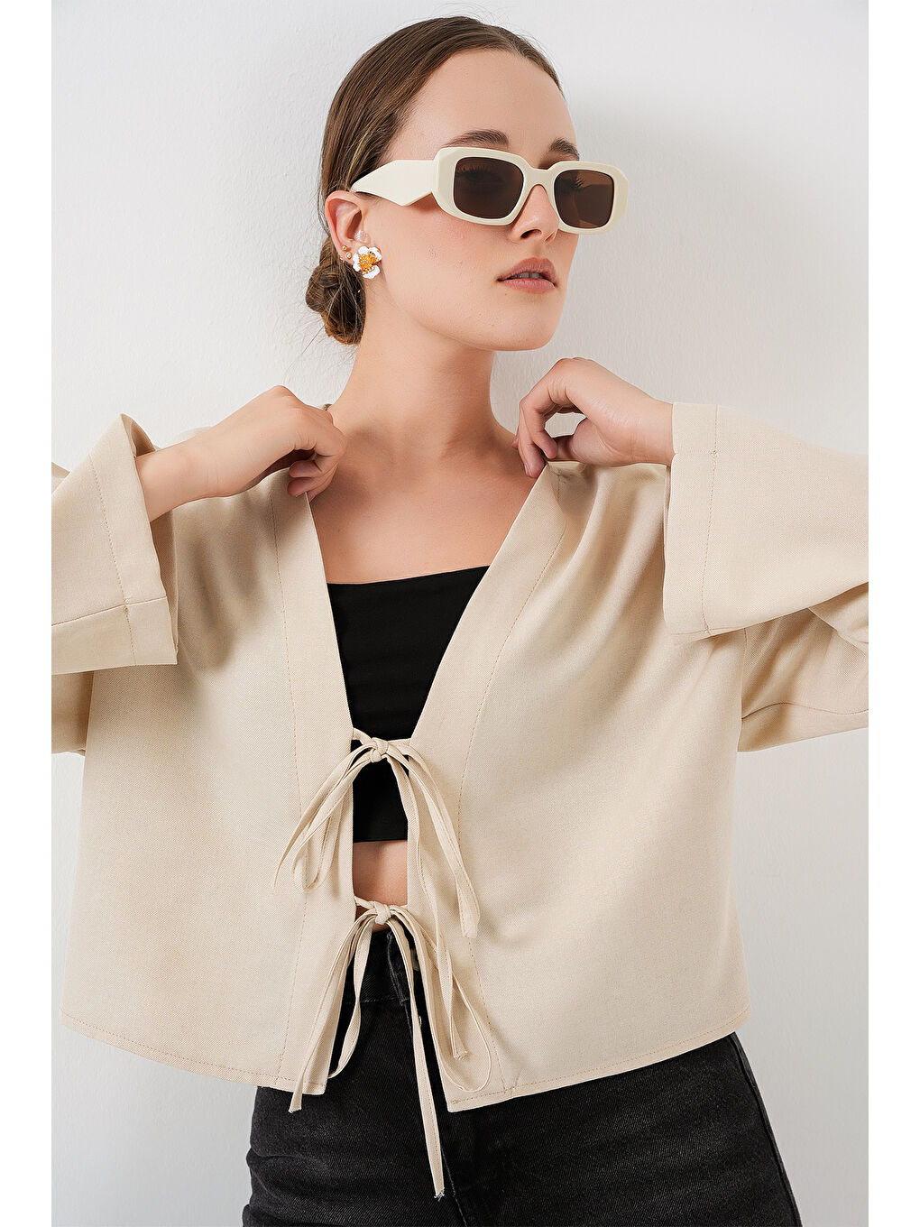 Ekru Önü Bağlamalı Keten Kimono 960 - Krem-2