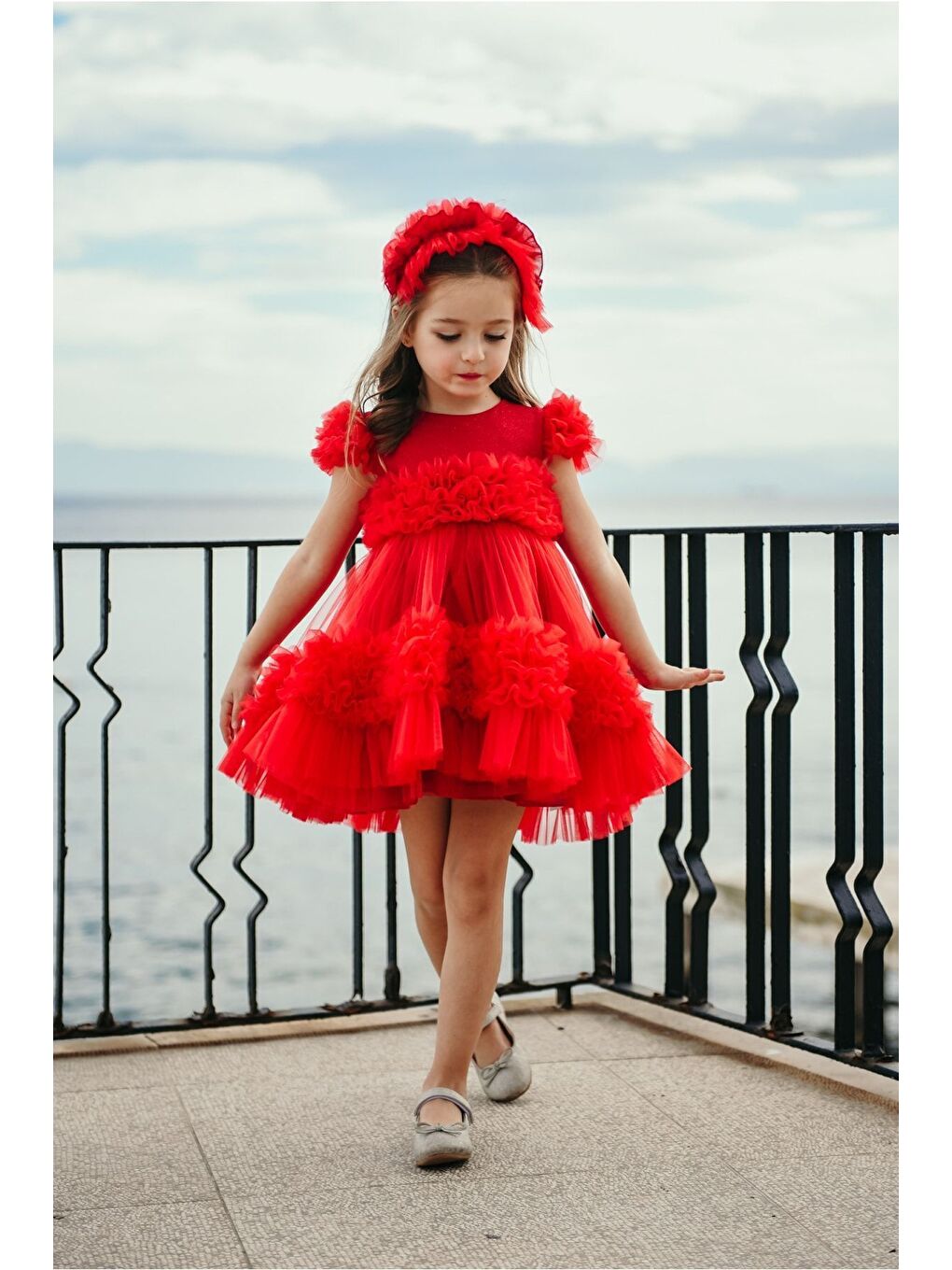 Kırmızı Özel Tasarım Saç Aksesuarlı Kız Çocuk Abiye Doğum Günü Ve Parti Elbisesi_M2306-2