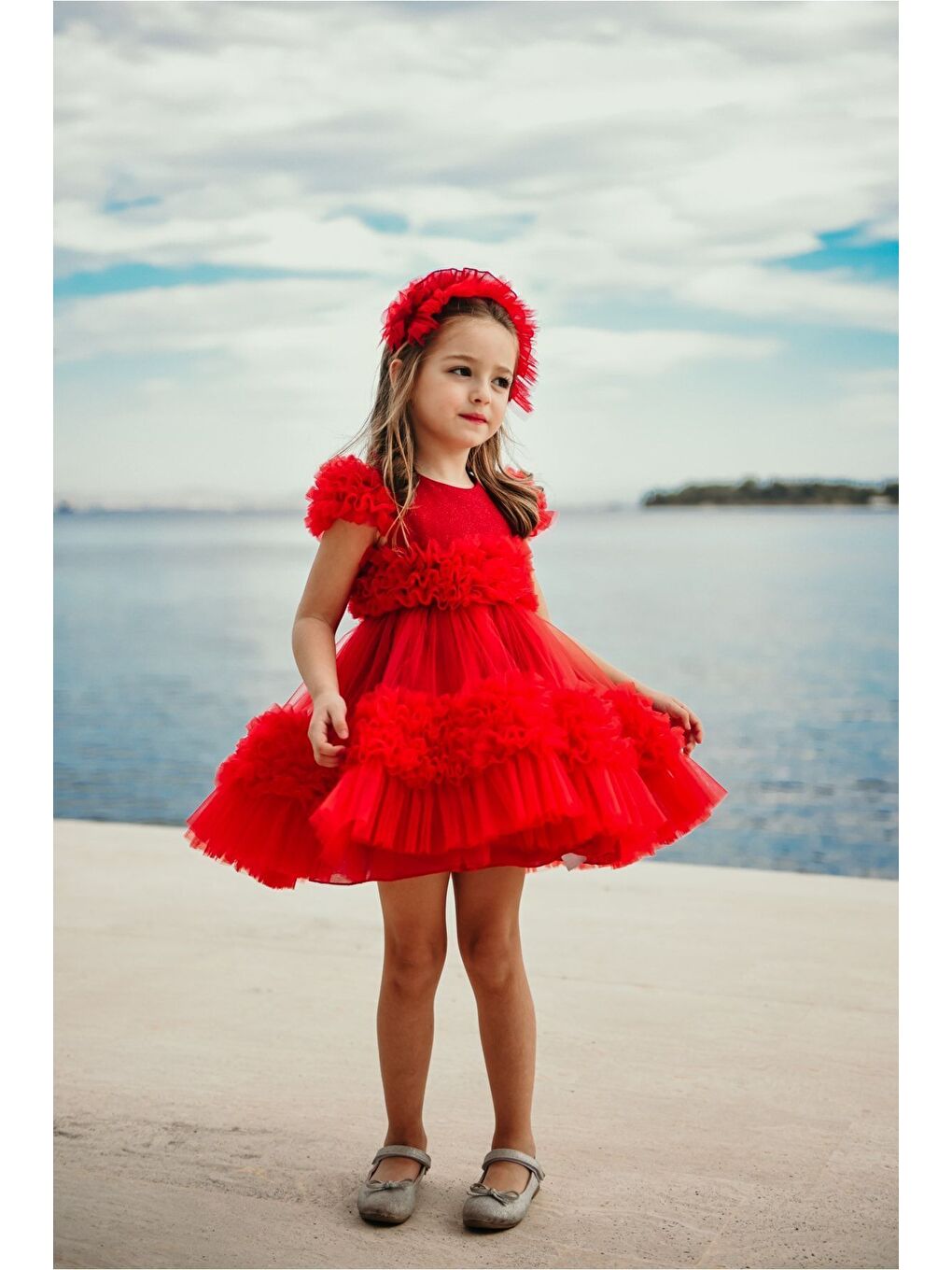 Kırmızı Özel Tasarım Saç Aksesuarlı Kız Çocuk Abiye Doğum Günü Ve Parti Elbisesi_M2306-4