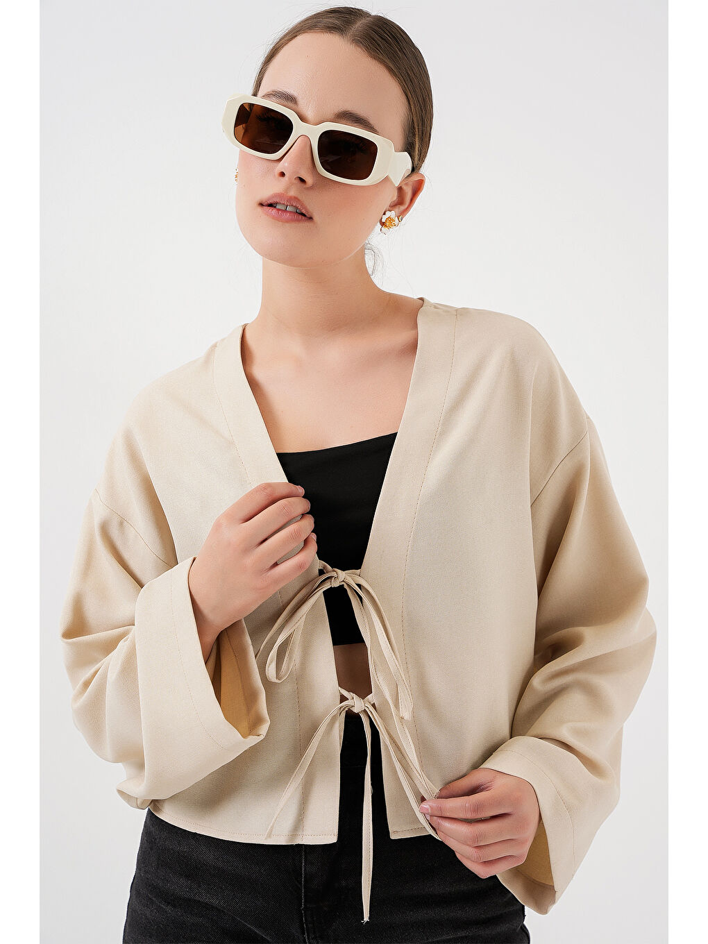 Ekru Önü Bağlamalı Keten Kimono 960 - Krem-3