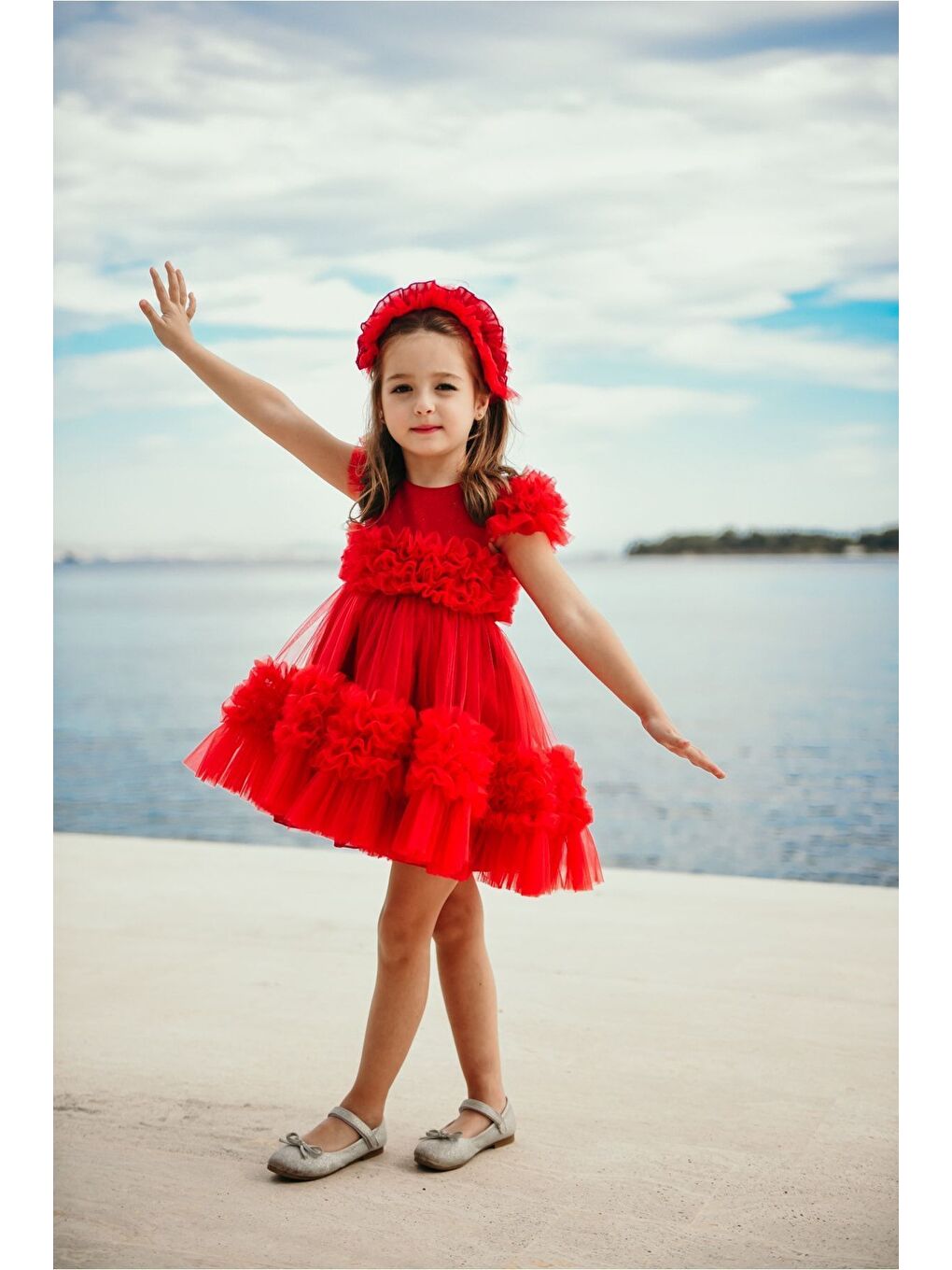 Kırmızı Özel Tasarım Saç Aksesuarlı Kız Çocuk Abiye Doğum Günü Ve Parti Elbisesi_M2306-5