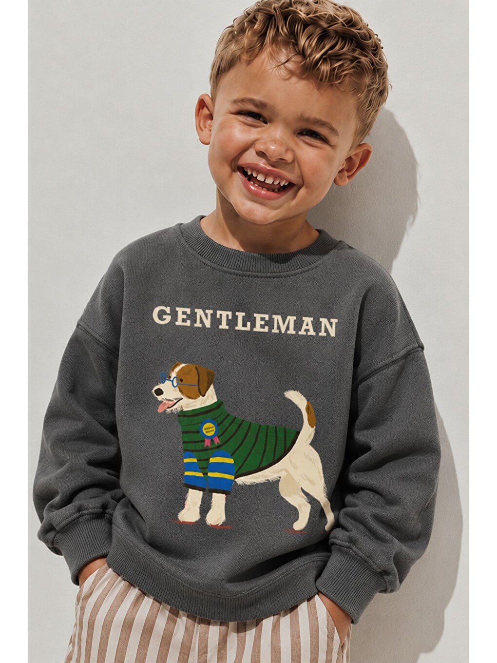 Antrasit Erkek Çocuk 3 İplik Kumaş Hayvan Baskılı Pamuklu Sweatshirt-2