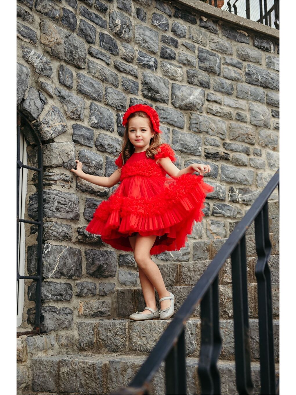 Kırmızı Özel Tasarım Saç Aksesuarlı Kız Çocuk Abiye Doğum Günü Ve Parti Elbisesi_M2306-6