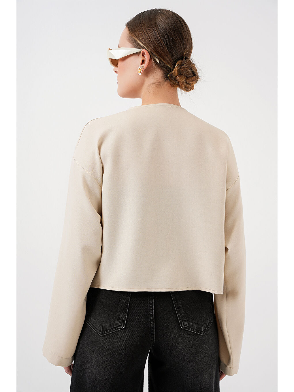 Ekru Önü Bağlamalı Keten Kimono 960 - Krem-5