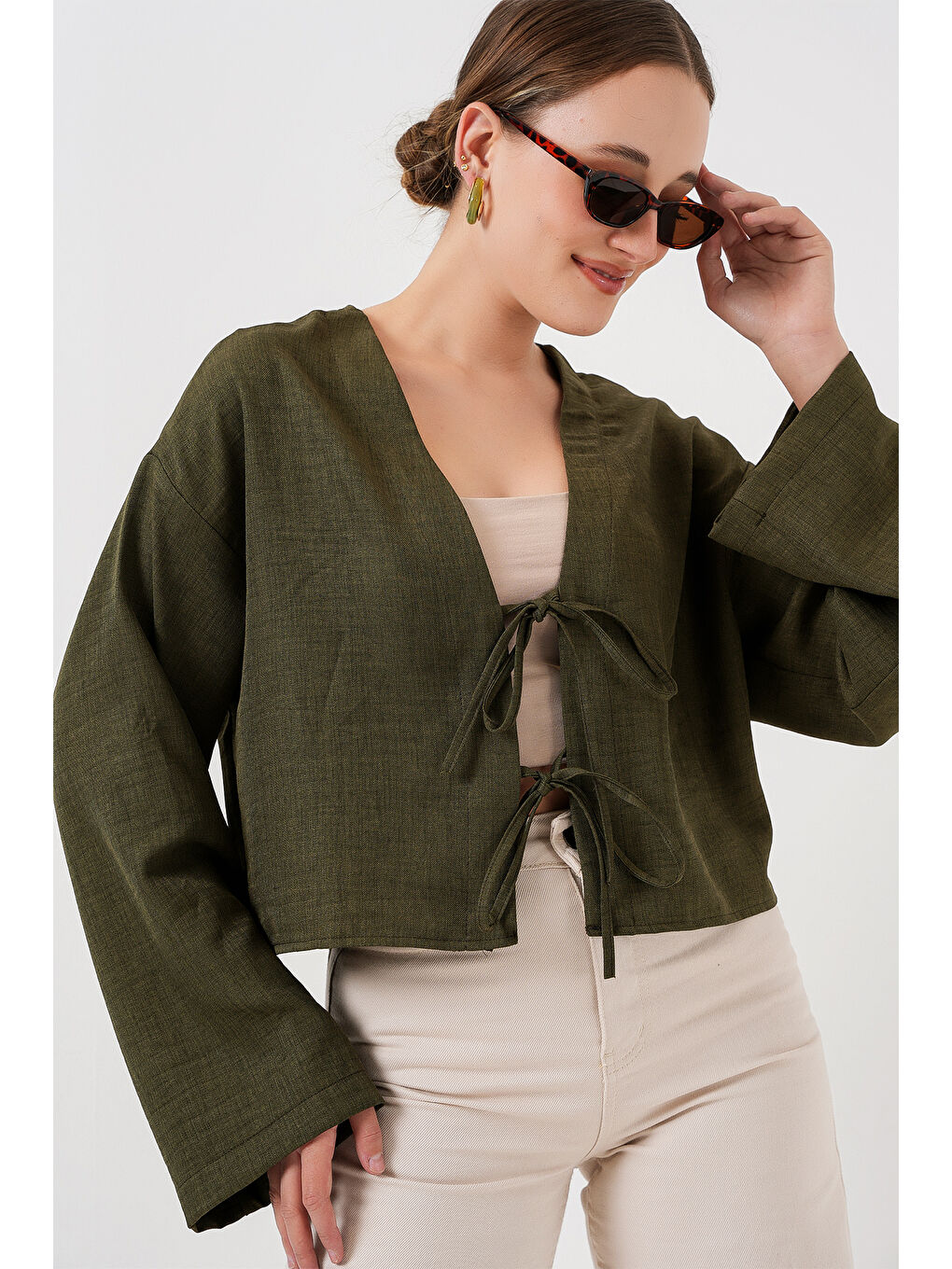 Önü Bağlamalı Keten Kimono 960 - Haki