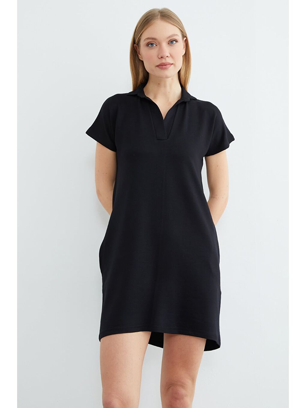 Siyah Basic Polo Yaka Cepli Mini Boy Elbise-2