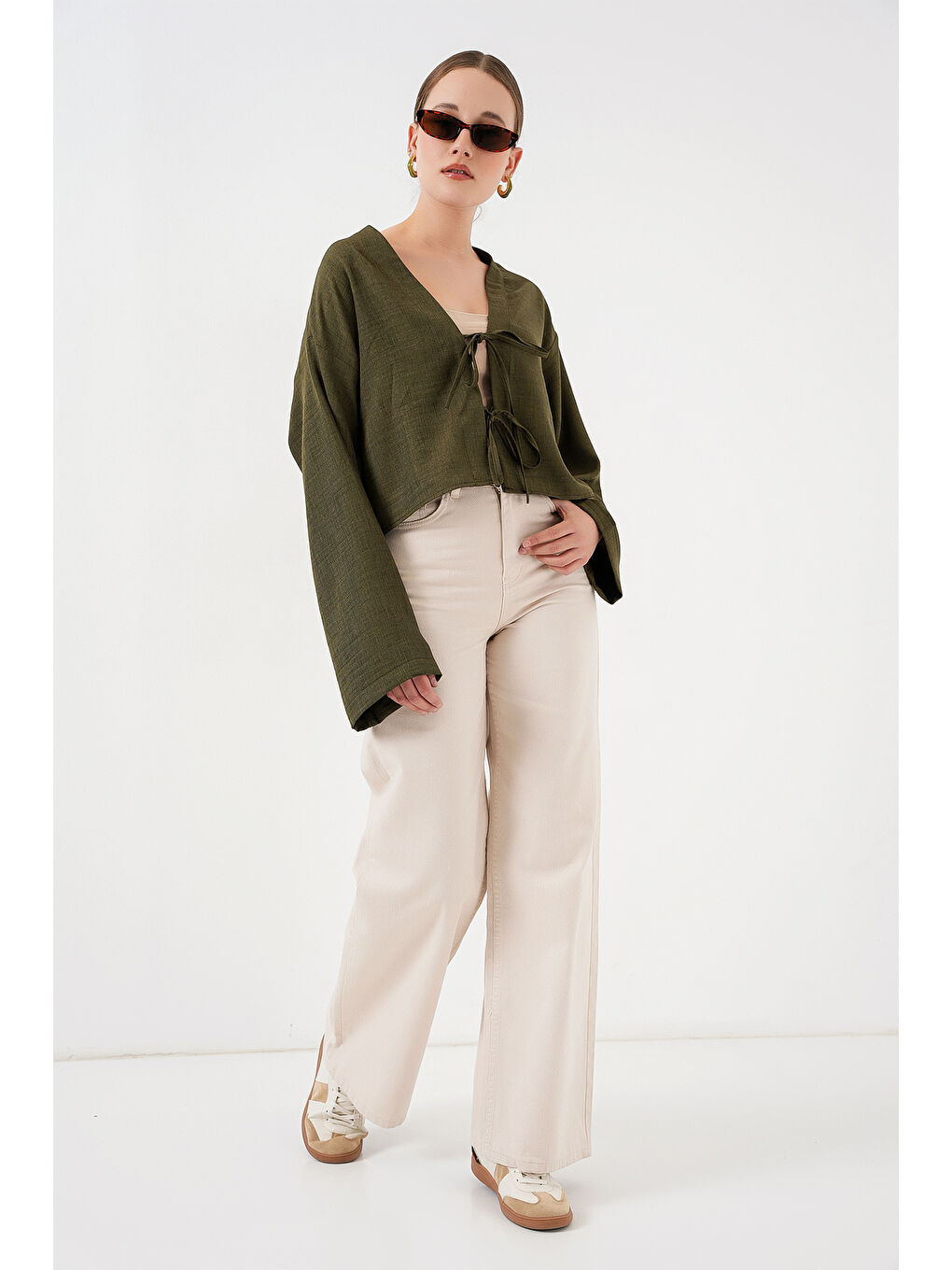 Önü Bağlamalı Keten Kimono 960 - Haki-1