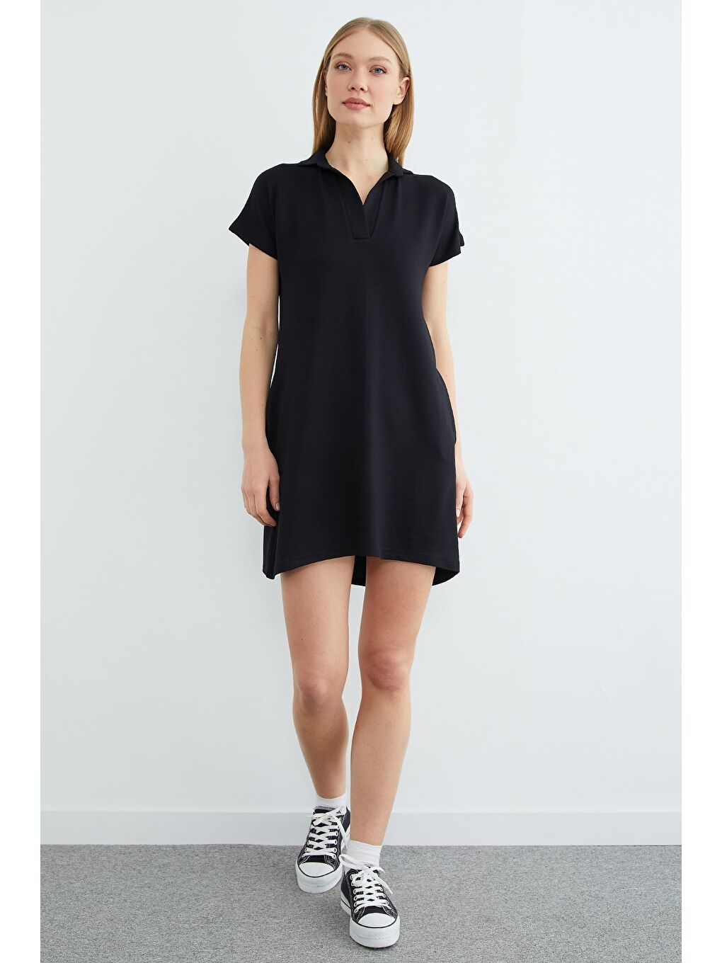 Siyah Basic Polo Yaka Cepli Mini Boy Elbise-3
