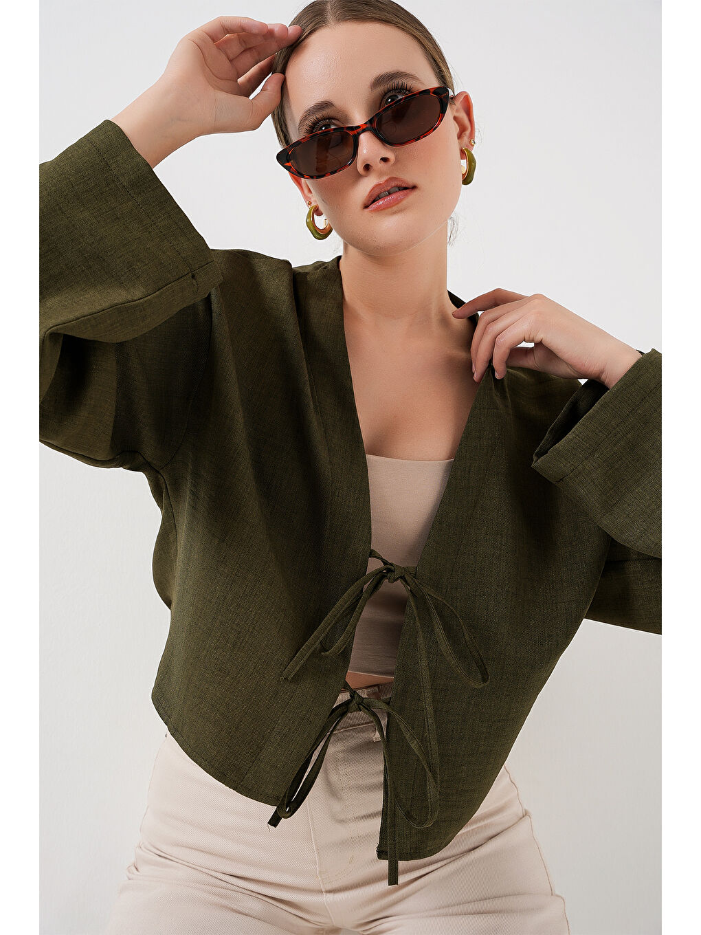 Önü Bağlamalı Keten Kimono 960 - Haki-2