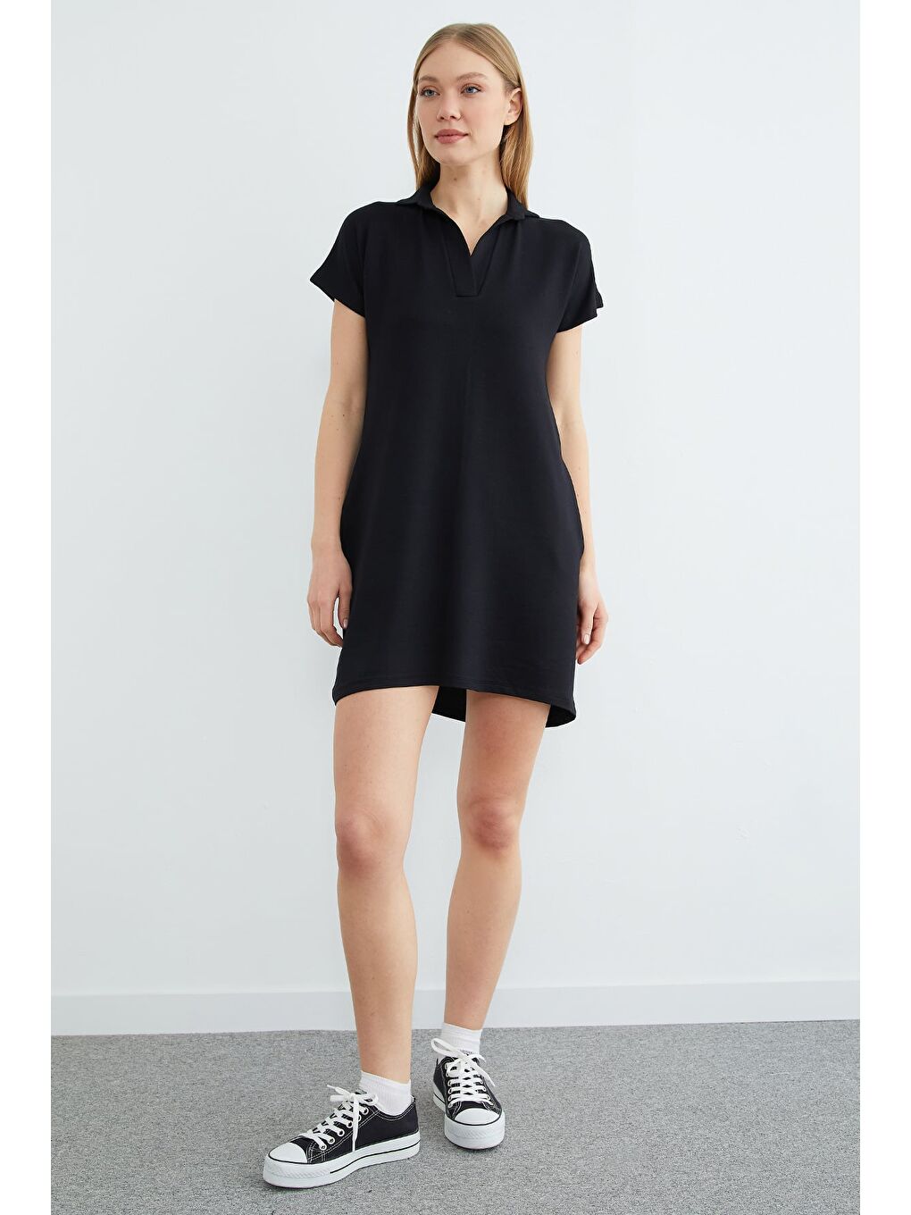 Siyah Basic Polo Yaka Cepli Mini Boy Elbise-4