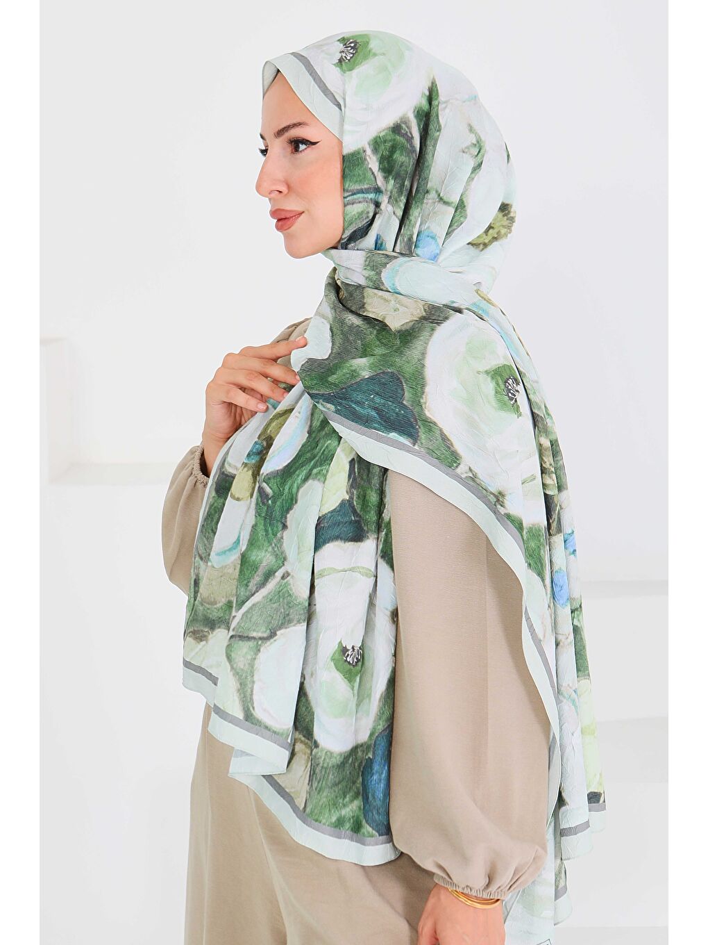 Yeşil Desenli Bambu Kare Şal Mint - 27523-2