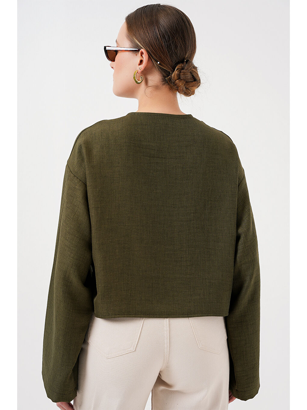 Önü Bağlamalı Keten Kimono 960 - Haki-5