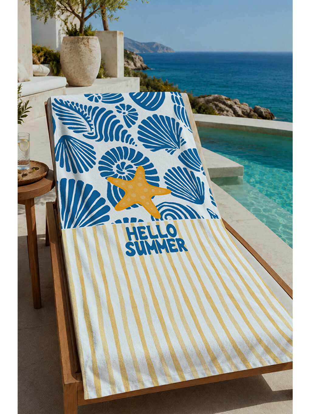 Mavi Tropikal Yaprak Sarı Çiçek Hello Summer Desenli 70x150 Cm Dijital Baskılı Plaj Ve Banyo Havlusu