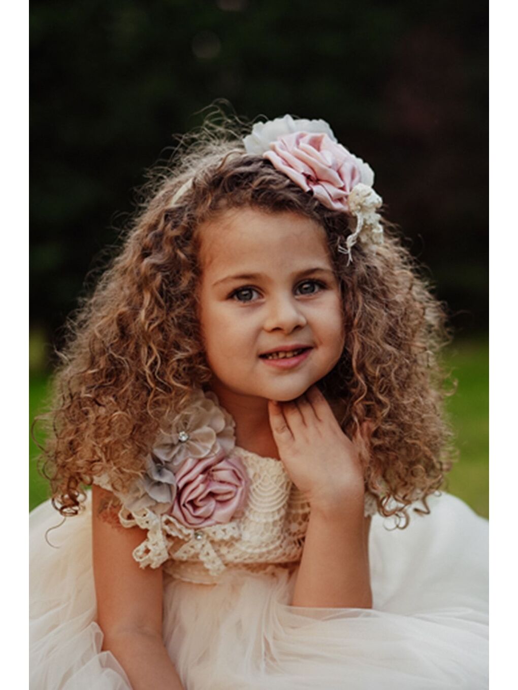 Ekru Saç Aksesuarlı Kısa Abiye Elbise, Kız Çocuk Parti Elbisesi, Dantel Detaylı Elbise_T2231-3