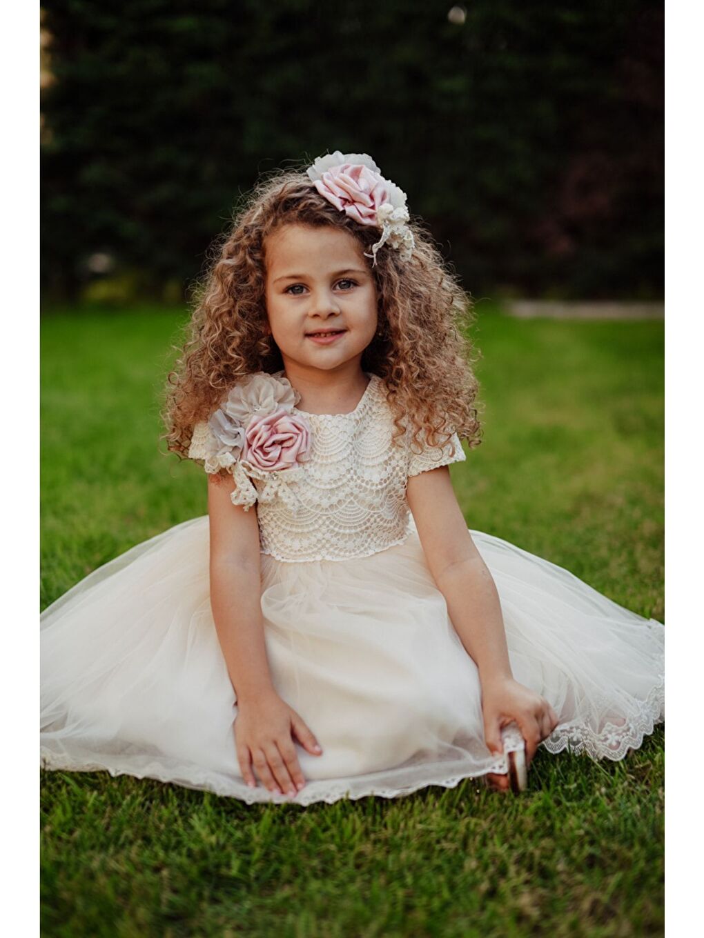 Ekru Saç Aksesuarlı Kısa Abiye Elbise, Kız Çocuk Parti Elbisesi, Dantel Detaylı Elbise_T2231-7