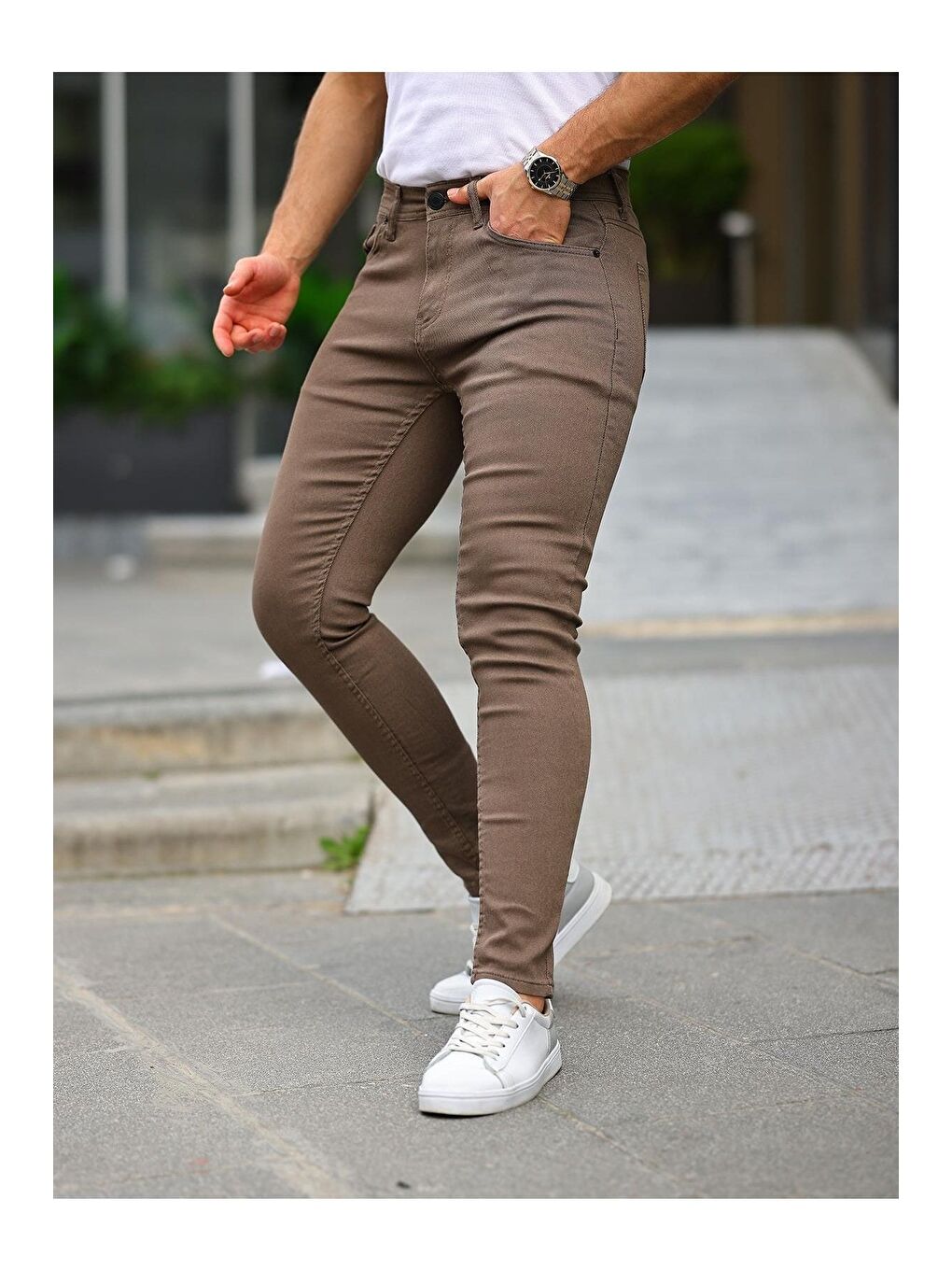 Kahverengi Erkek Jeans Slim Fit Elastanlı Denim Kahve Jean Pantolon