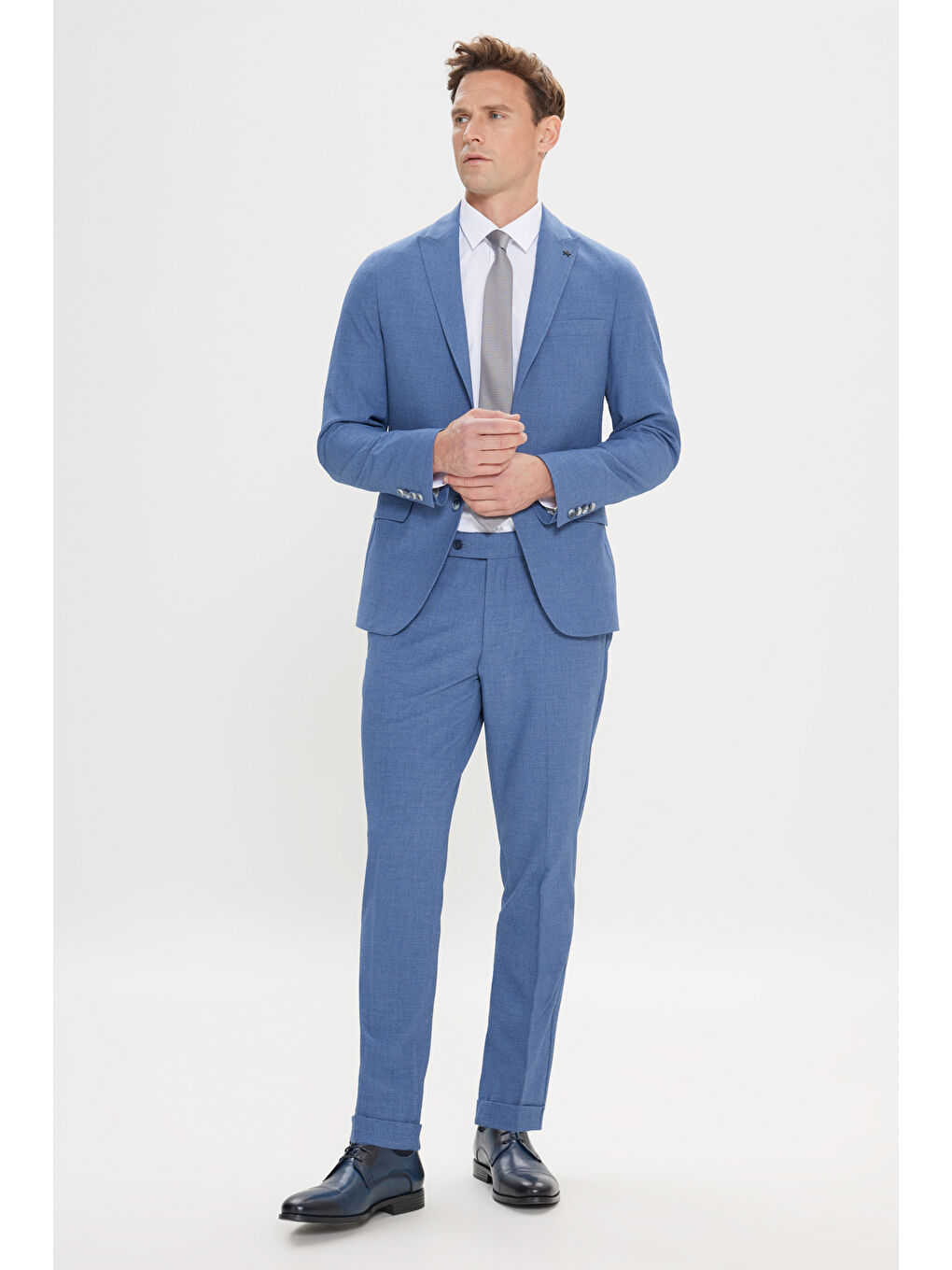 Erkek Mavi Slim Fit Kırlangıç Yaka Gofre Desenli Takım Elbise-2