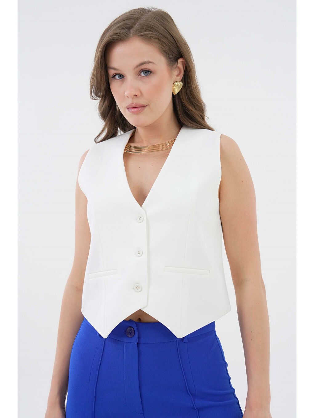 Beyaz Kadın V Yaka Düğmeli Klasik Dokuma Blazer Yelek