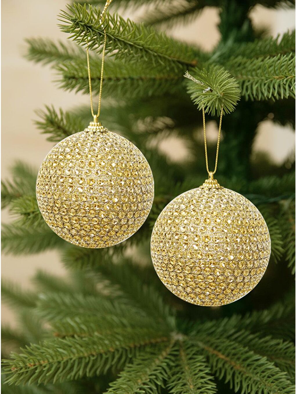 Sarı Yılbaşı Topu Kristal Taş Kaplama Çam Ağacı Süsü Altın 10 cm 2'li