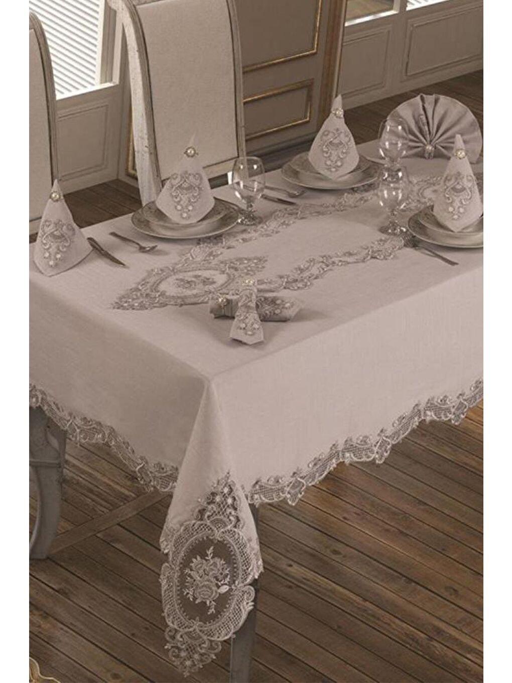 Fransız Güpürlü Elit Masa Örtüsü Takımı 18 Parça Gri-1