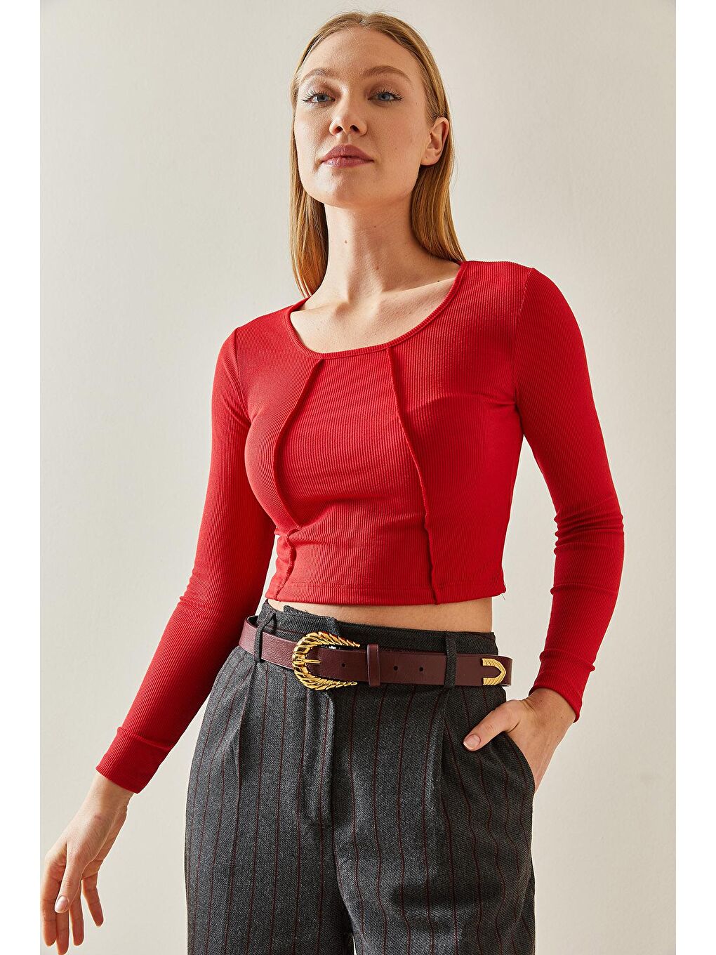 Kırmızı Yuvarlak Yaka Kaşkorse Crop Basic Bluz 4KXK2-47888-04