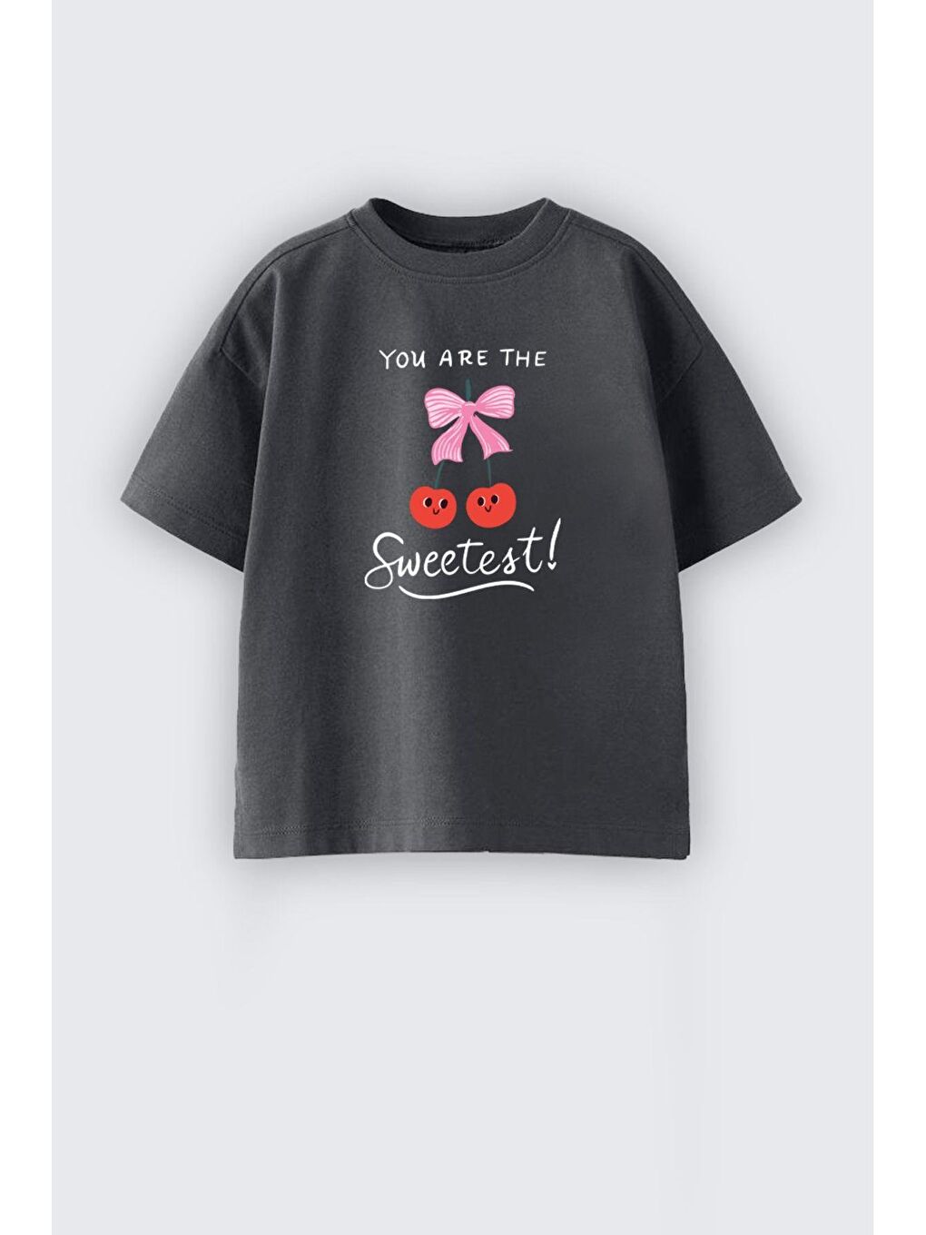 Antrasit Kız Çocuk Kiraz Baskılı Tshirt