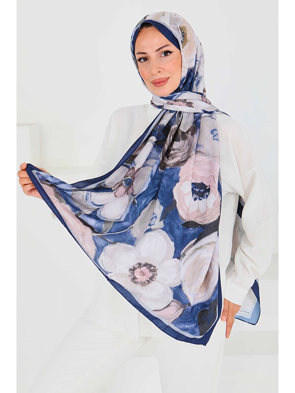 Desenli Bambu Kare Şal Lacivert - 27523