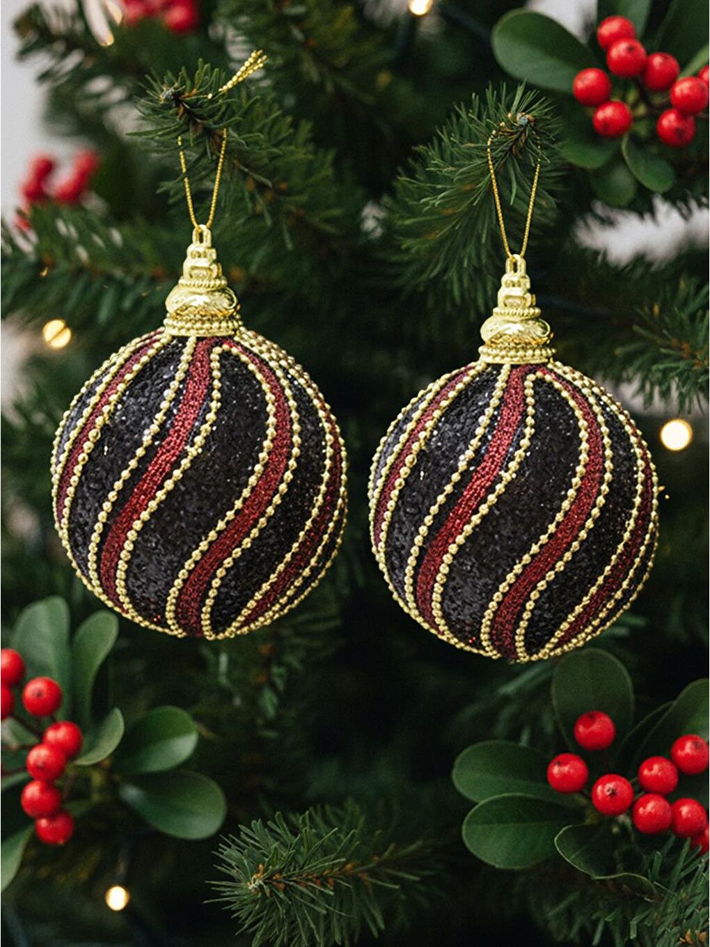 Yılbaşı Topu Altın Şeritli Payetli Siyah-Bordo Çam Ağacı Süsü 10 cm 2'li