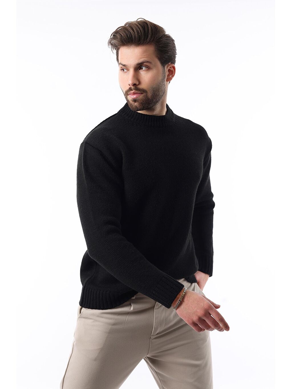 Siyah Bisiklet Yaka Overfit Erkek Triko Kazak E7402-1