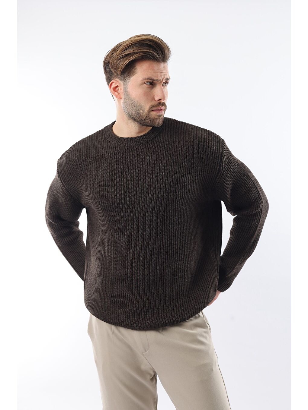 Kahverengi Bisiklet Yaka Triko Erkek Kazak E7410