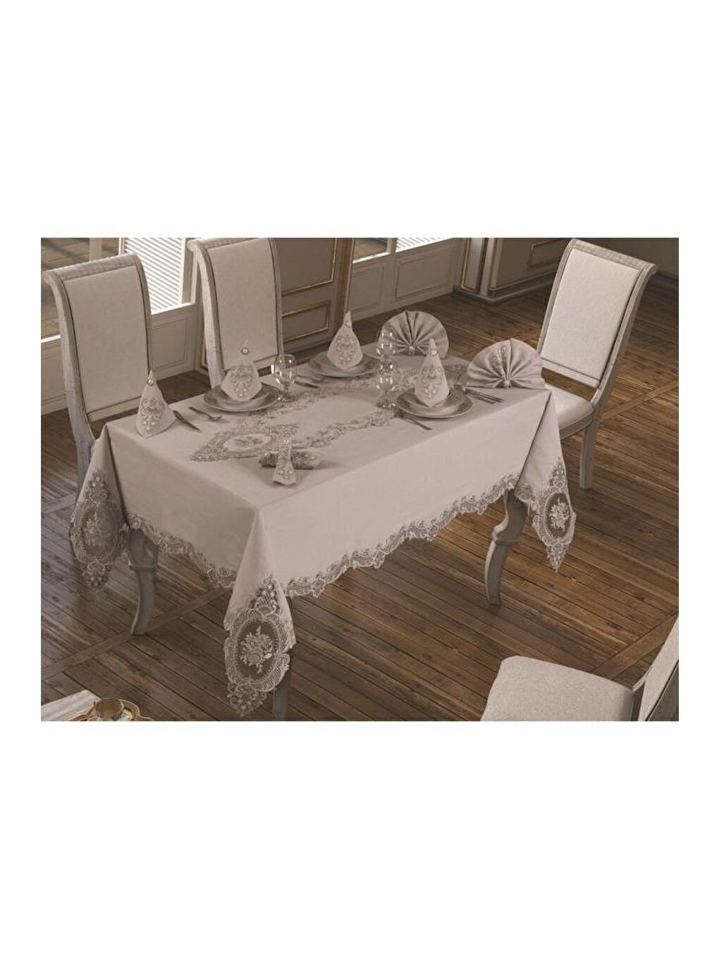 Fransız Güpürlü Elit Masa Örtüsü Takımı 18 Parça Gri-2