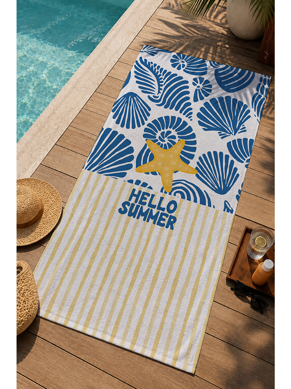 Mavi Tropikal Yaprak Sarı Çiçek Hello Summer Desenli 70x150 Cm Dijital Baskılı Plaj Ve Banyo Havlusu-2