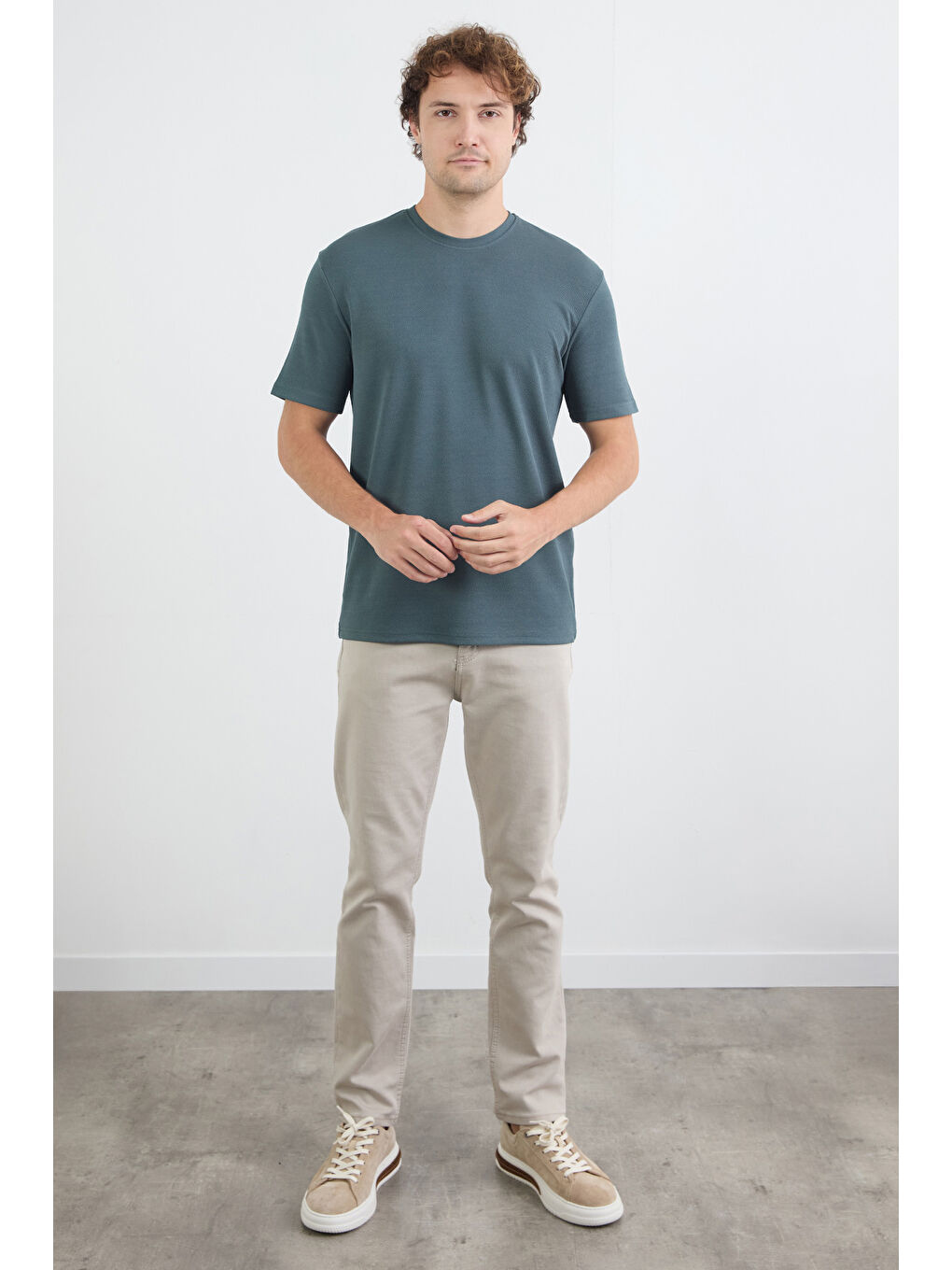 Petrol Basic Jakarlı Bisiklet Yaka Tişört-1