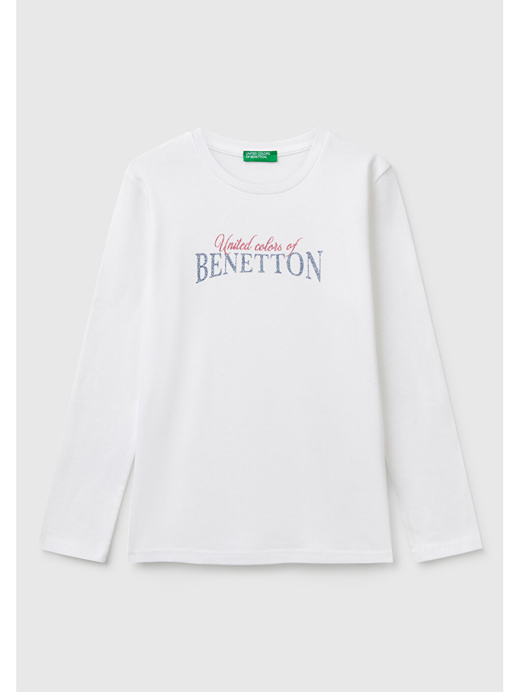 Kız Çocuk Beyaz Simli Benetton Logo Baskılı Tişört