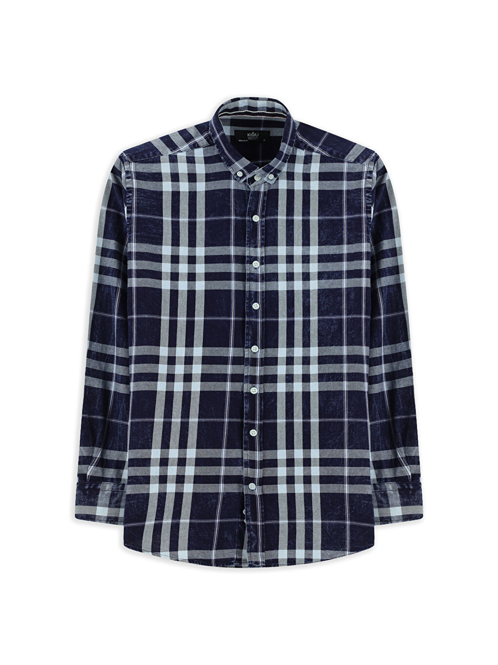 Lacivert Uzun Kol Regular Fit Ekose Spor Düğmeli Yaka Pamuk Gömlek-6