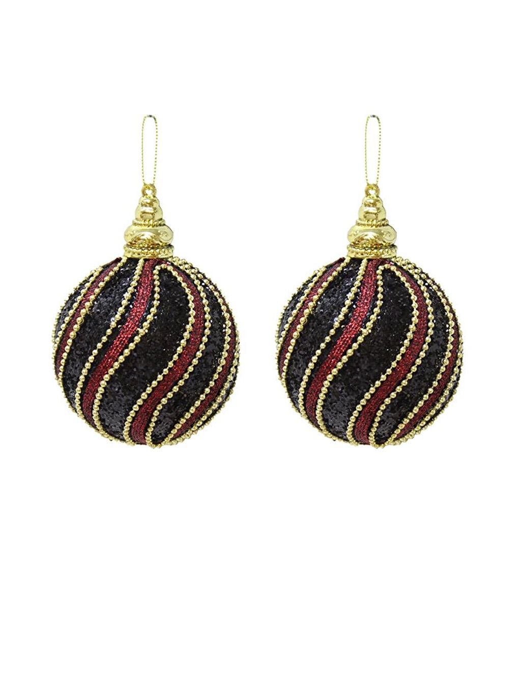 Yılbaşı Topu Altın Şeritli Payetli Siyah-Bordo Çam Ağacı Süsü 10 cm 2'li-1