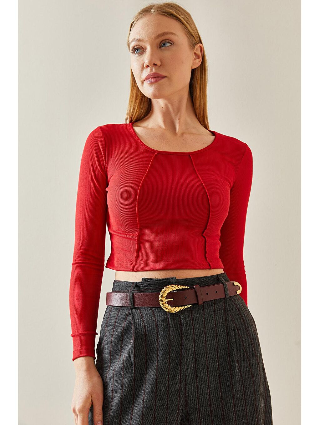 Kırmızı Yuvarlak Yaka Kaşkorse Crop Basic Bluz 4KXK2-47888-04-1