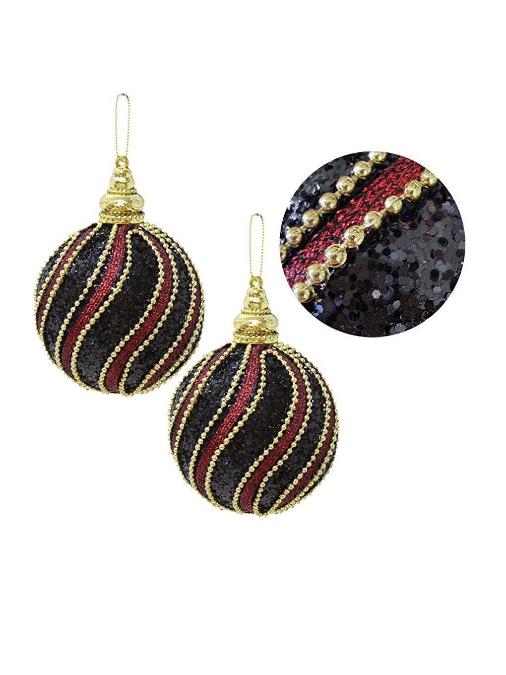 Yılbaşı Topu Altın Şeritli Payetli Siyah-Bordo Çam Ağacı Süsü 10 cm 2'li-2