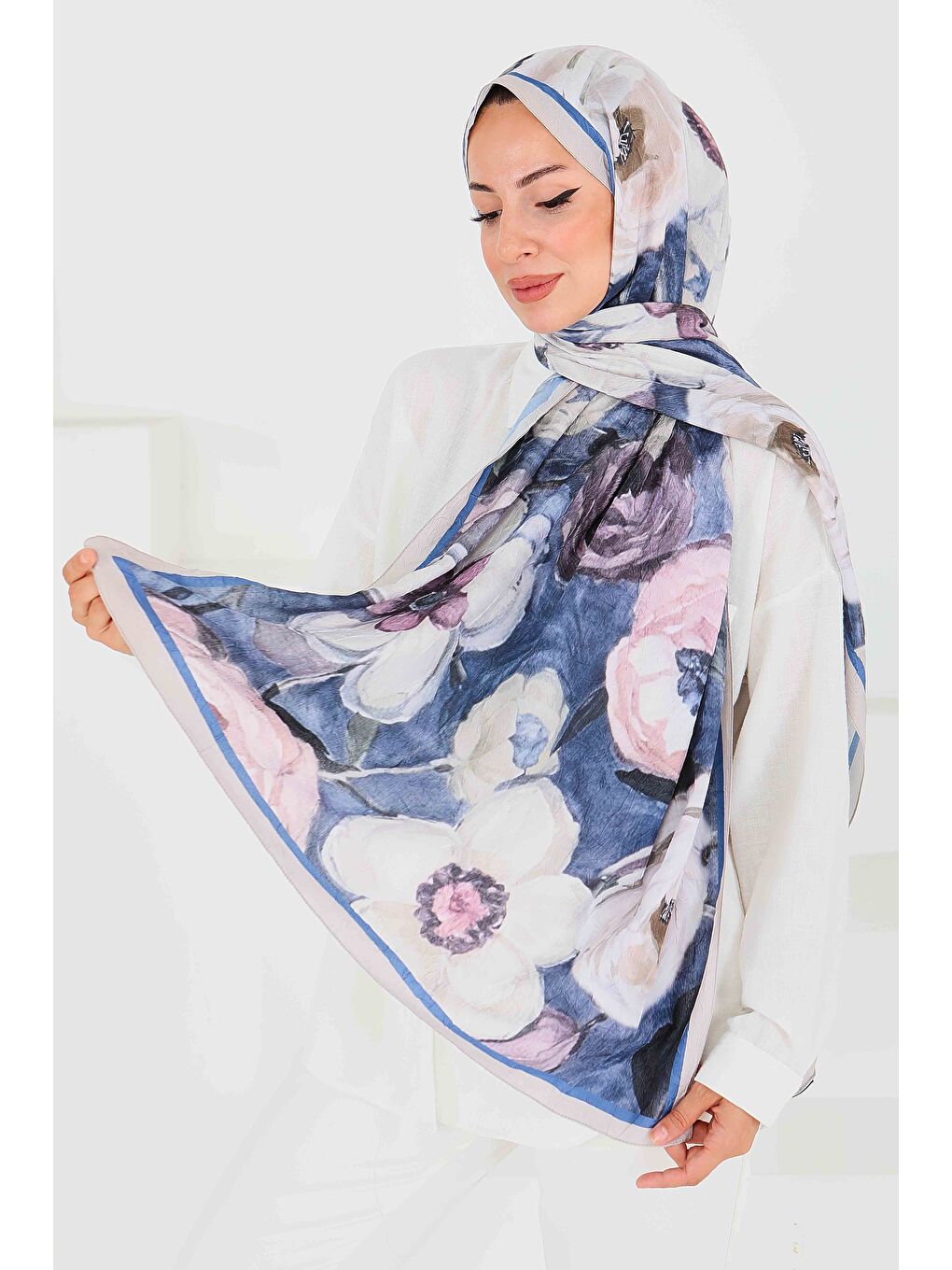 Mavi Desenli Bambu Kare Şal Saks - 27523