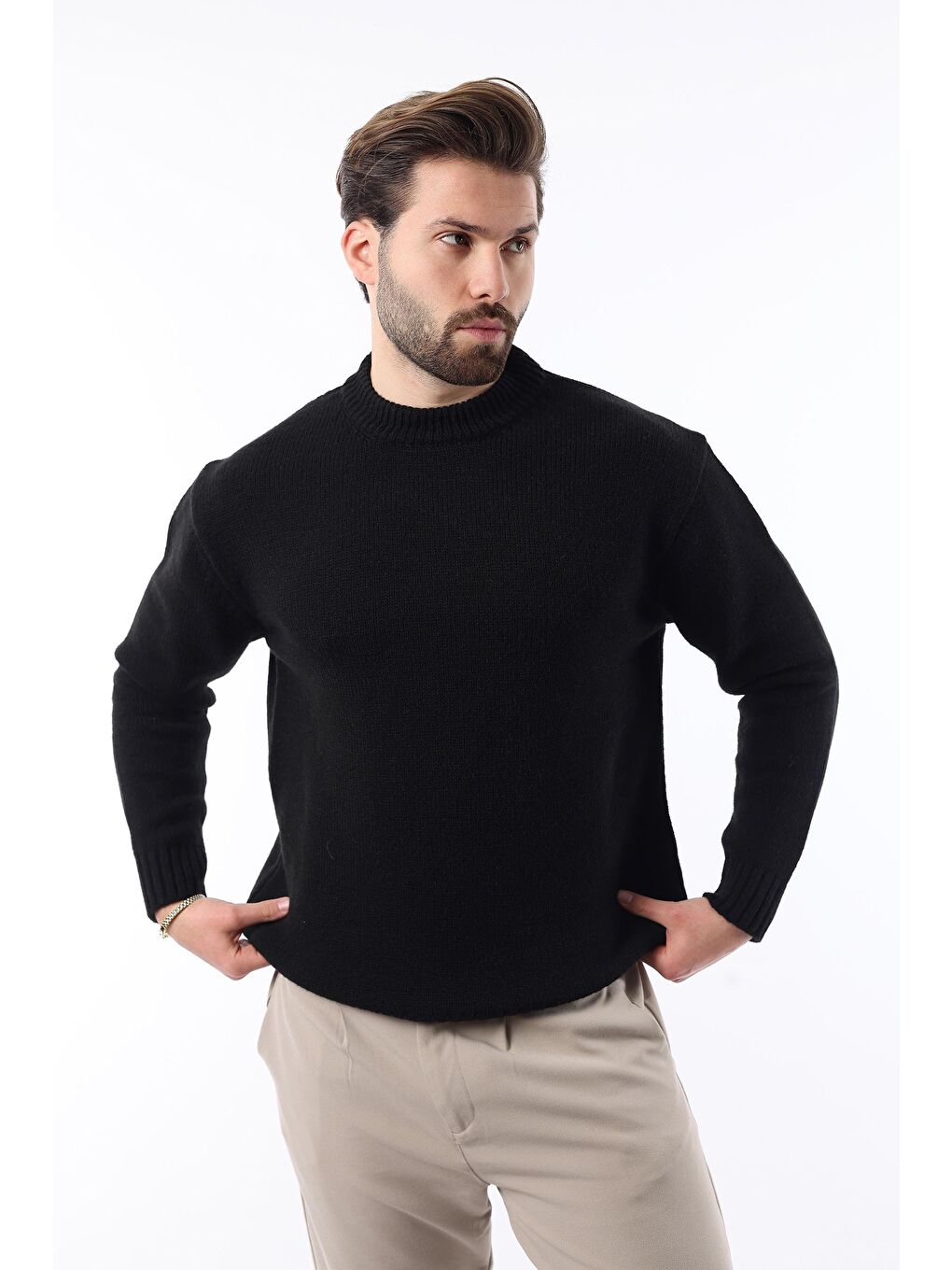 Siyah Bisiklet Yaka Overfit Erkek Triko Kazak E7402-2