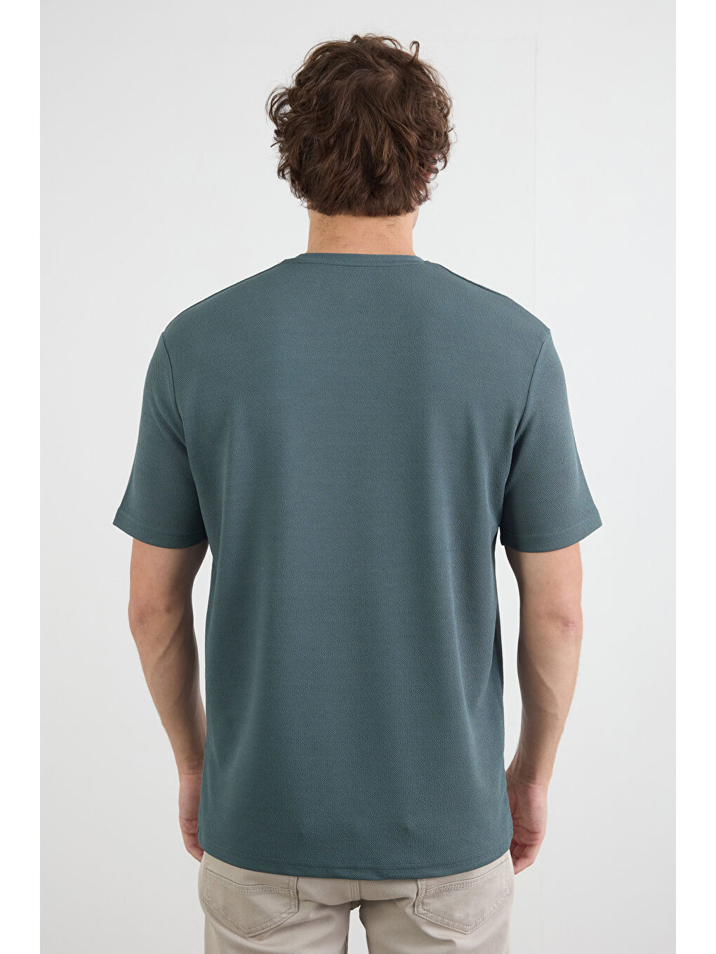 Petrol Basic Jakarlı Bisiklet Yaka Tişört-2