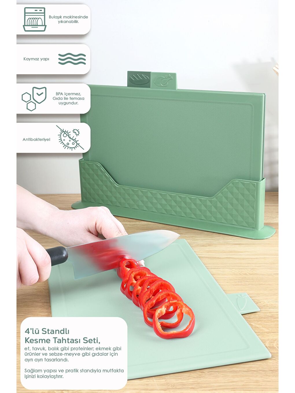 4 Parça Çoklu Kesme Tahtası Seti Yatay Standlı Doğrama Tahtası Ekmek Sebze Et Kesim Panosu Yeşil-1