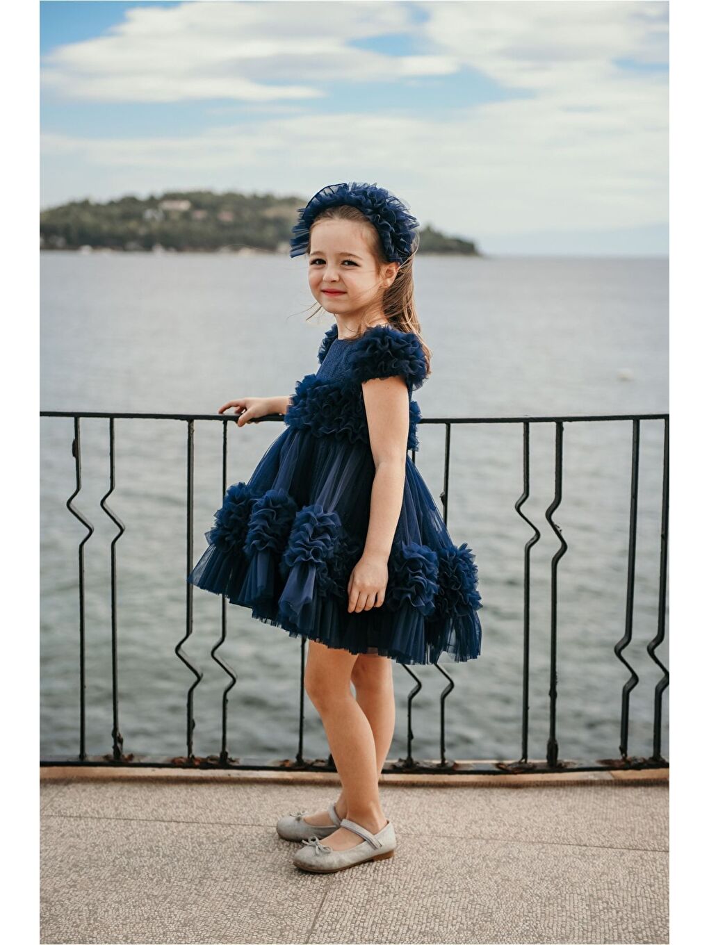 Lacivert Özel Tasarım Saç Aksesuarlı Kız Çocuk Abiye Doğum Günü Ve Parti Elbisesi_M2306-1
