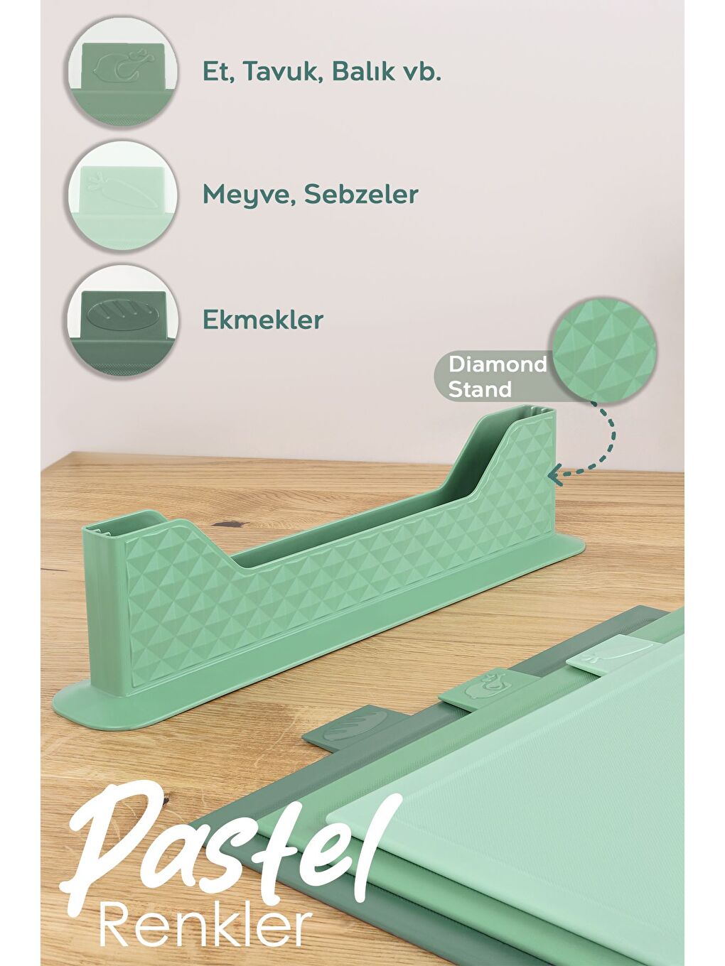 4 Parça Çoklu Kesme Tahtası Seti Yatay Standlı Doğrama Tahtası Ekmek Sebze Et Kesim Panosu Yeşil-2