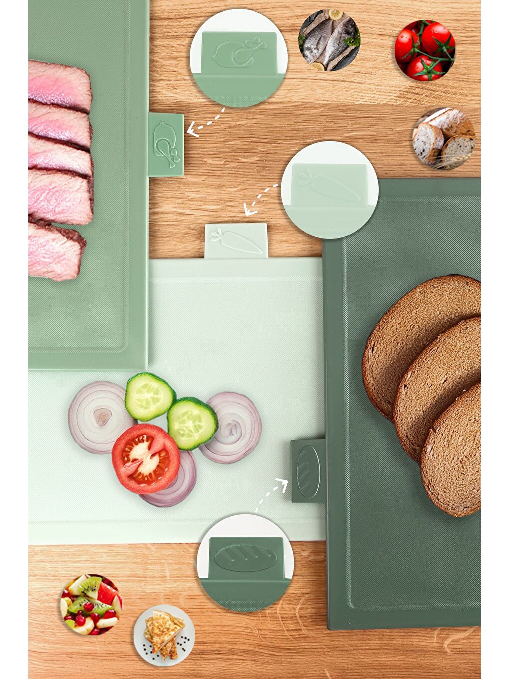 4 Parça Çoklu Kesme Tahtası Seti Yatay Standlı Doğrama Tahtası Ekmek Sebze Et Kesim Panosu Yeşil-3