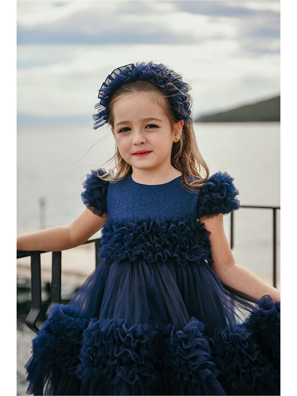 Lacivert Özel Tasarım Saç Aksesuarlı Kız Çocuk Abiye Doğum Günü Ve Parti Elbisesi_M2306-2