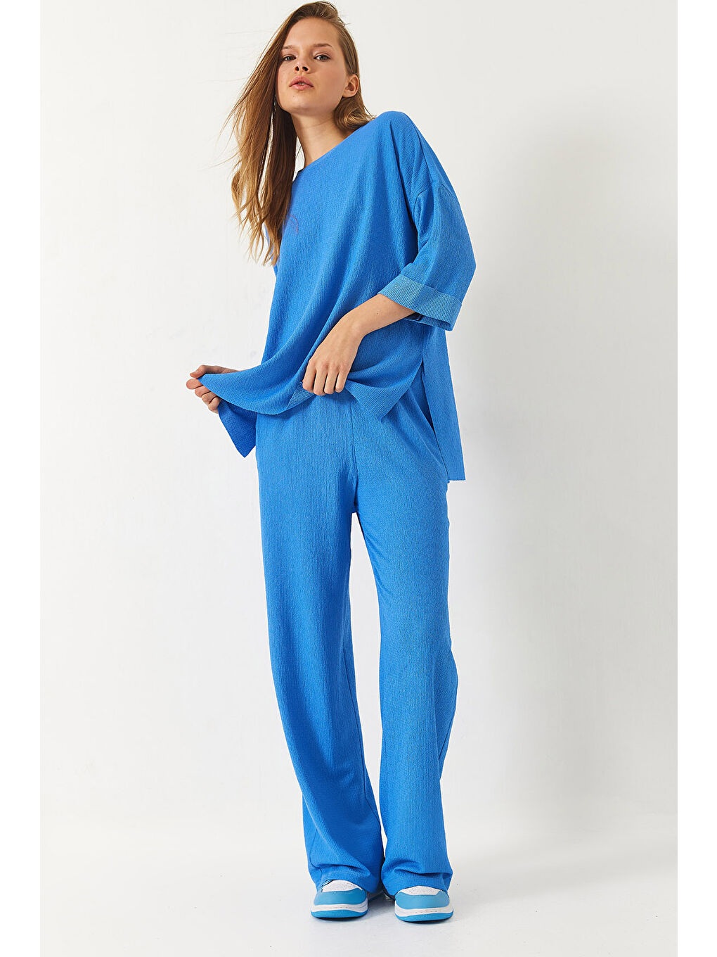 Mavi Kadın Yarım Kollu Palazzo Pantolonlu Bisiklet Yaka Alt-Üst Takım