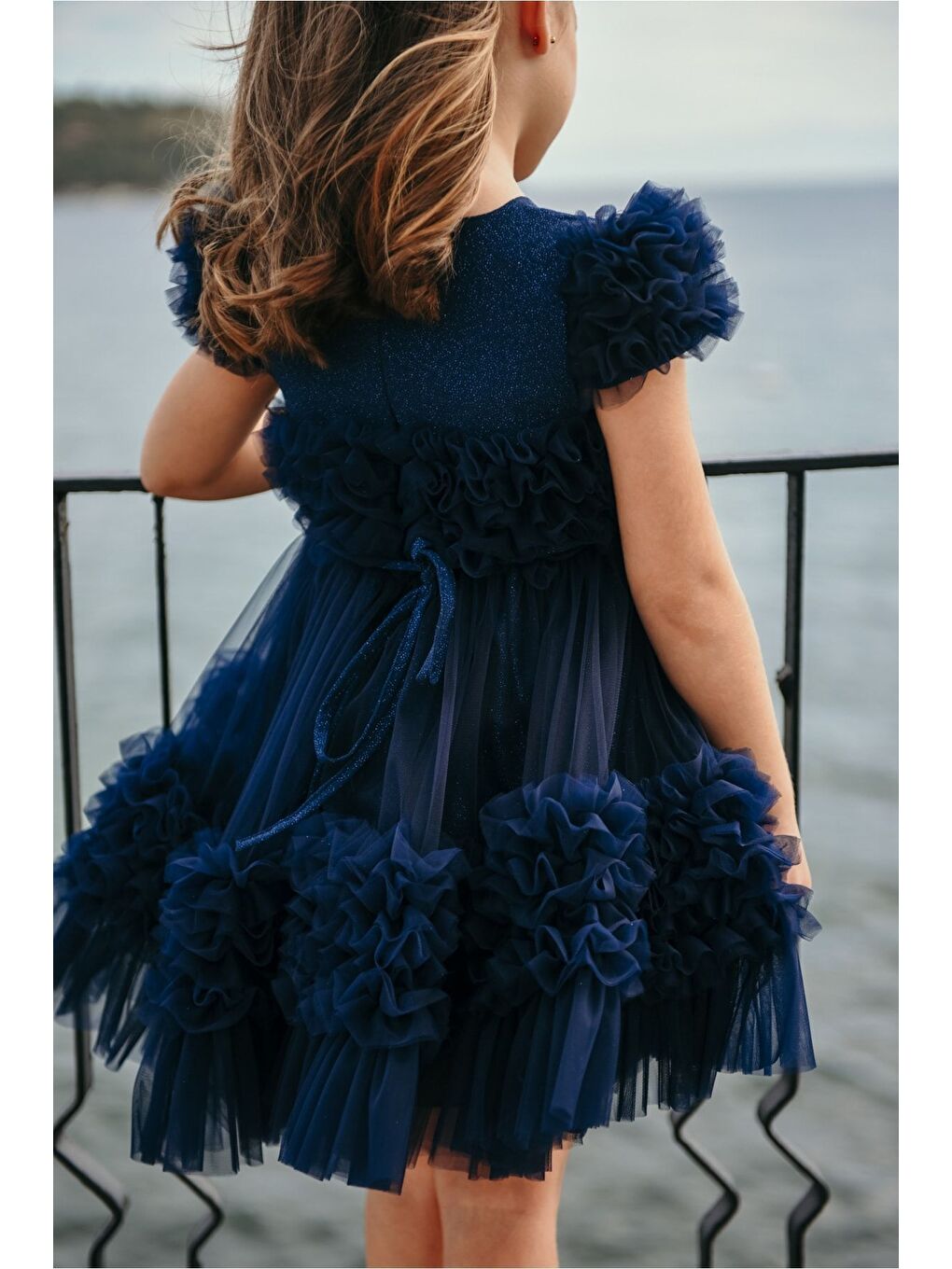 Lacivert Özel Tasarım Saç Aksesuarlı Kız Çocuk Abiye Doğum Günü Ve Parti Elbisesi_M2306-3