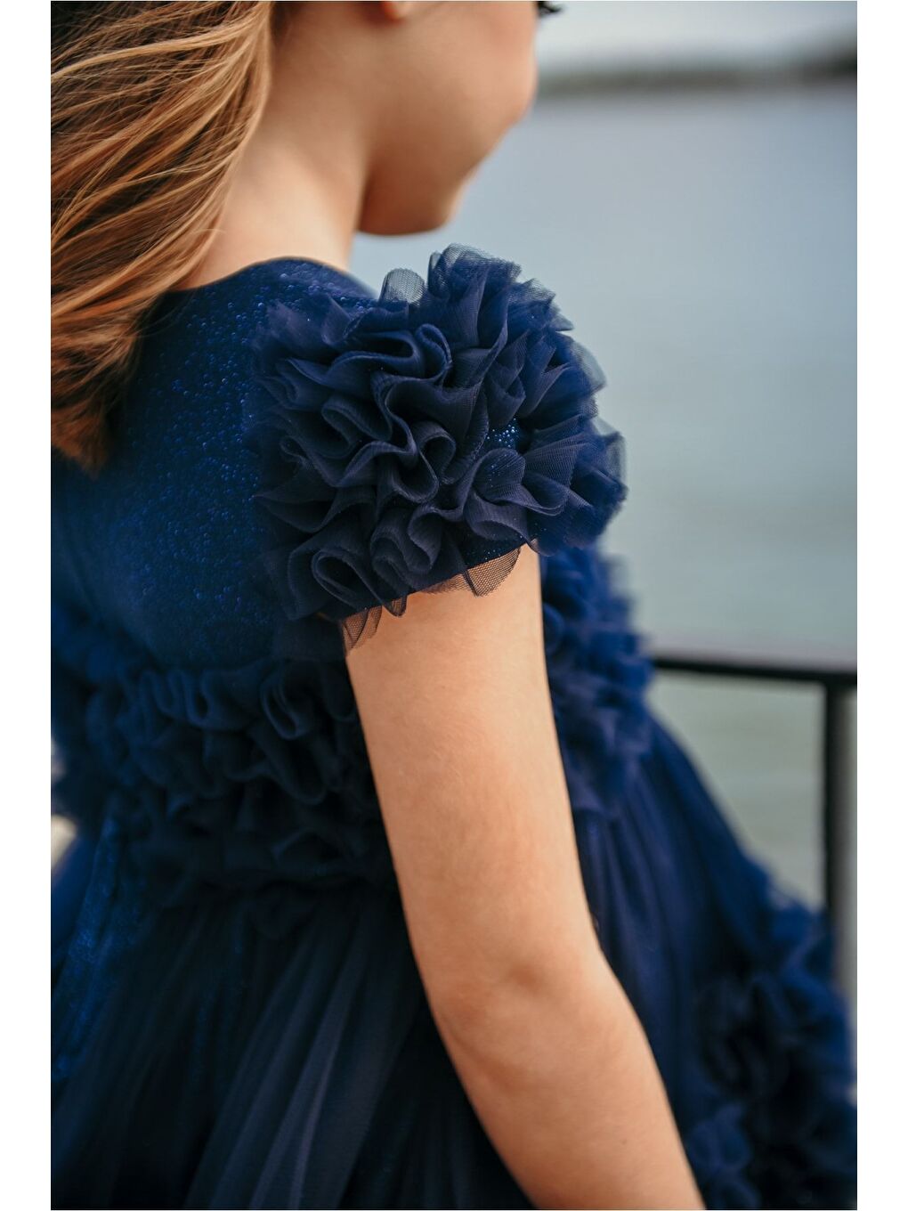 Lacivert Özel Tasarım Saç Aksesuarlı Kız Çocuk Abiye Doğum Günü Ve Parti Elbisesi_M2306-4